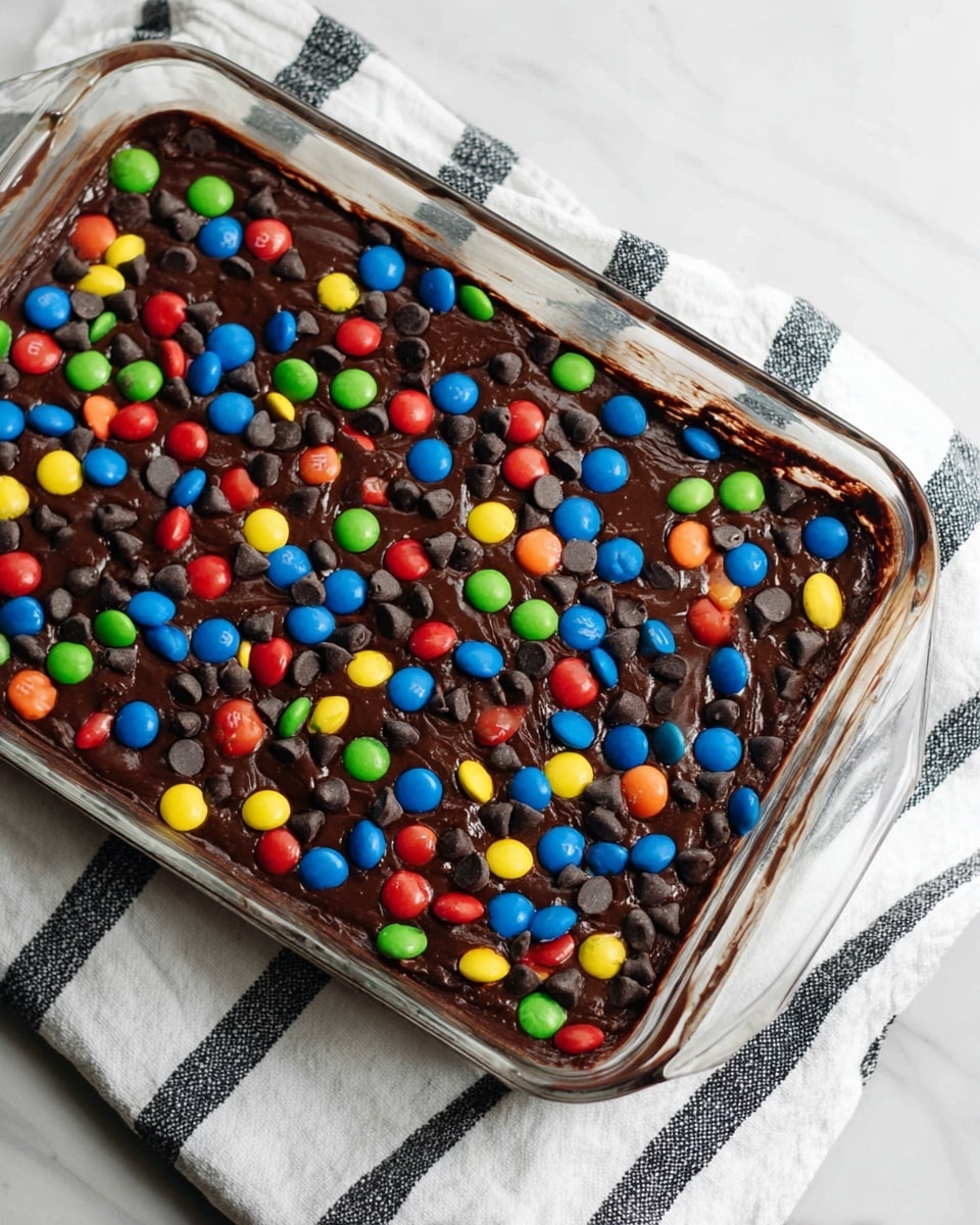 A clear rectangular glass baking dish filled with one thick layer of dark brown chocolate batter. The entire surface is covered evenly with small black chocolate chips and colorful candy-coated chocolates in blue, red, yellow, green, and orange, scattered with no clear pattern. The dish sits on a folded white cloth with black stripes, placed on a white marbled surface. photo taken with an iphone --ar 4:5 --v 7