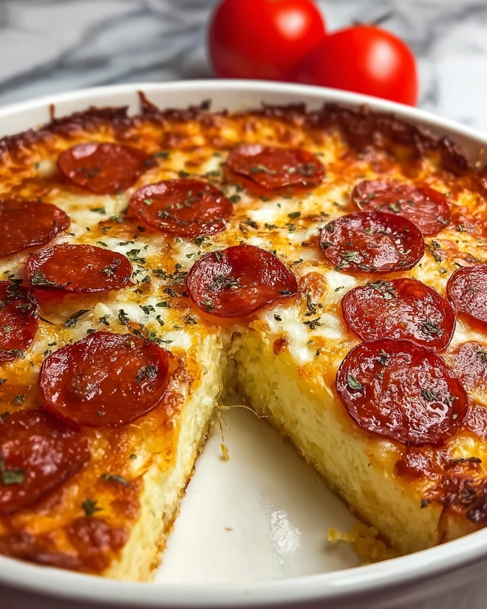 A white round dish holds a thick, cheesy pizza-like bake with a golden-brown crust on the edges. The top layer is covered with melted cheese that has browned in spots and is decorated with evenly spaced, crispy pepperoni slices showing a mix of deep red and shiny oily textures. Sprinkled green herbs add a touch of color on top. A wedge has been cut and slightly pulled out, revealing three distinct inside layers: a pale, dense cheese layer, a softer middle layer, and a thin golden crust at the bottom. The dish is set on a white marbled surface, and two red tomatoes are blurred in the background. Photo taken with an iphone --ar 4:5 --v 7