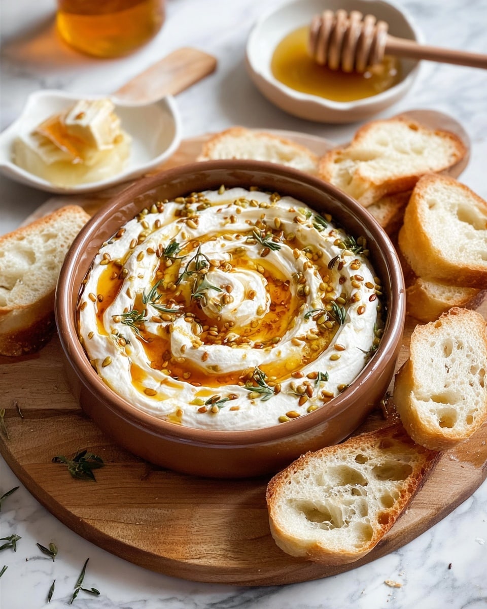 A shallow brown bowl sits on a round wooden board over a white marbled surface. Inside the bowl is a thick, creamy white layer of whipped cheese, spread evenly with soft peaks around the edges. Swirled on top is a glossy, amber honey drizzle with tiny seeds and green herb leaves sprinkled evenly across, adding texture and color. Surrounding the bowl are several slices of toasted, light golden bread with airy holes, a small white dish with more cheese and honey, and a wooden honey dipper resting on the board with some honey. photo taken with an iphone --ar 4:5 --v 7