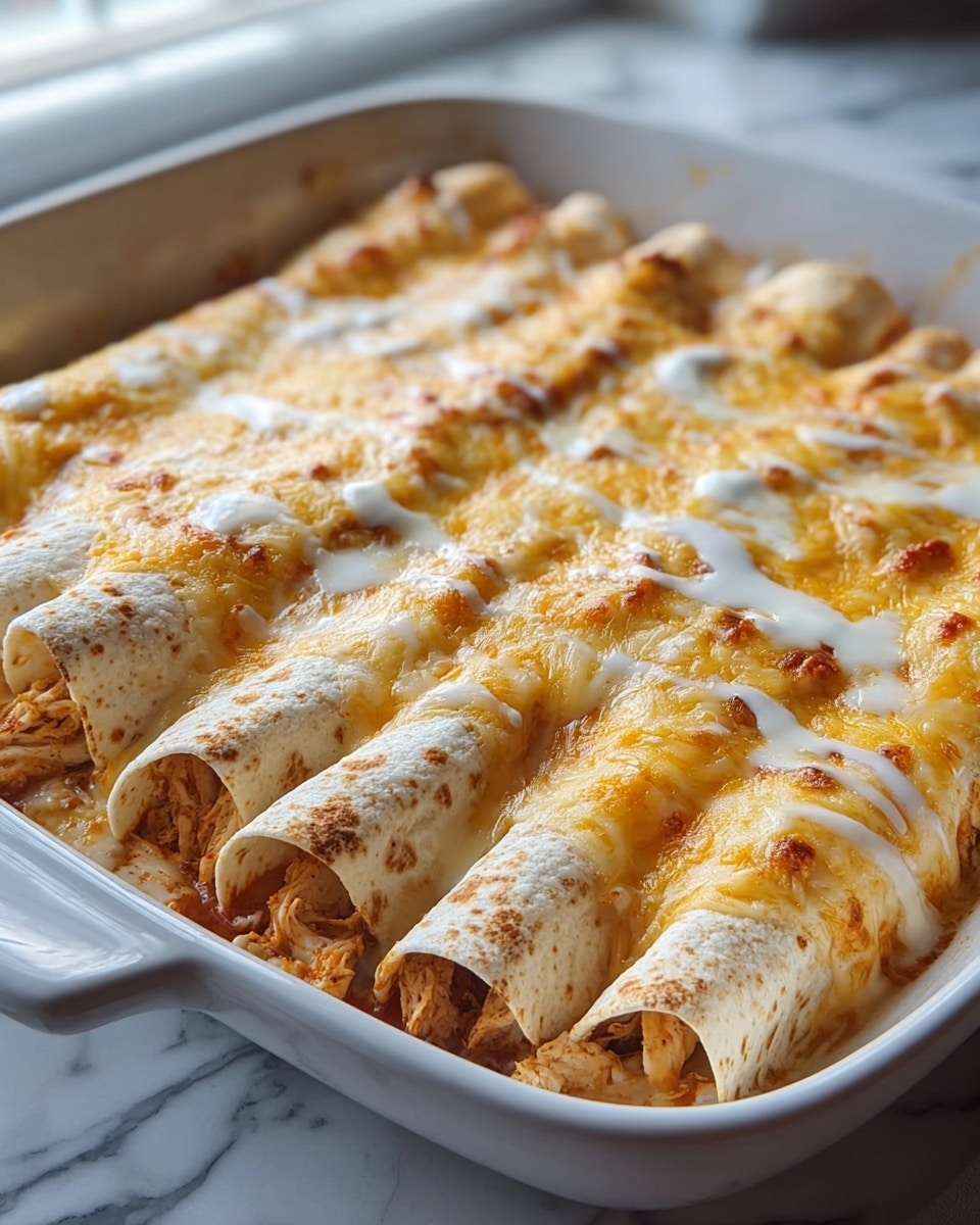 The image shows a white dish filled with six rolled enchiladas lined up side by side. Each enchilada is wrapped in a soft tortilla with a slightly toasted, speckled texture. Inside, shredded chicken is visible spilling slightly at the ends. The enchiladas are topped with a thick layer of melted cheese that is golden brown and bubbly in some spots, with patches of white creamy sauce drizzled over the cheese. The dish sits on a white marbled surface with soft natural light coming from the background. Photo taken with an iphone --ar 4:5 --v 7