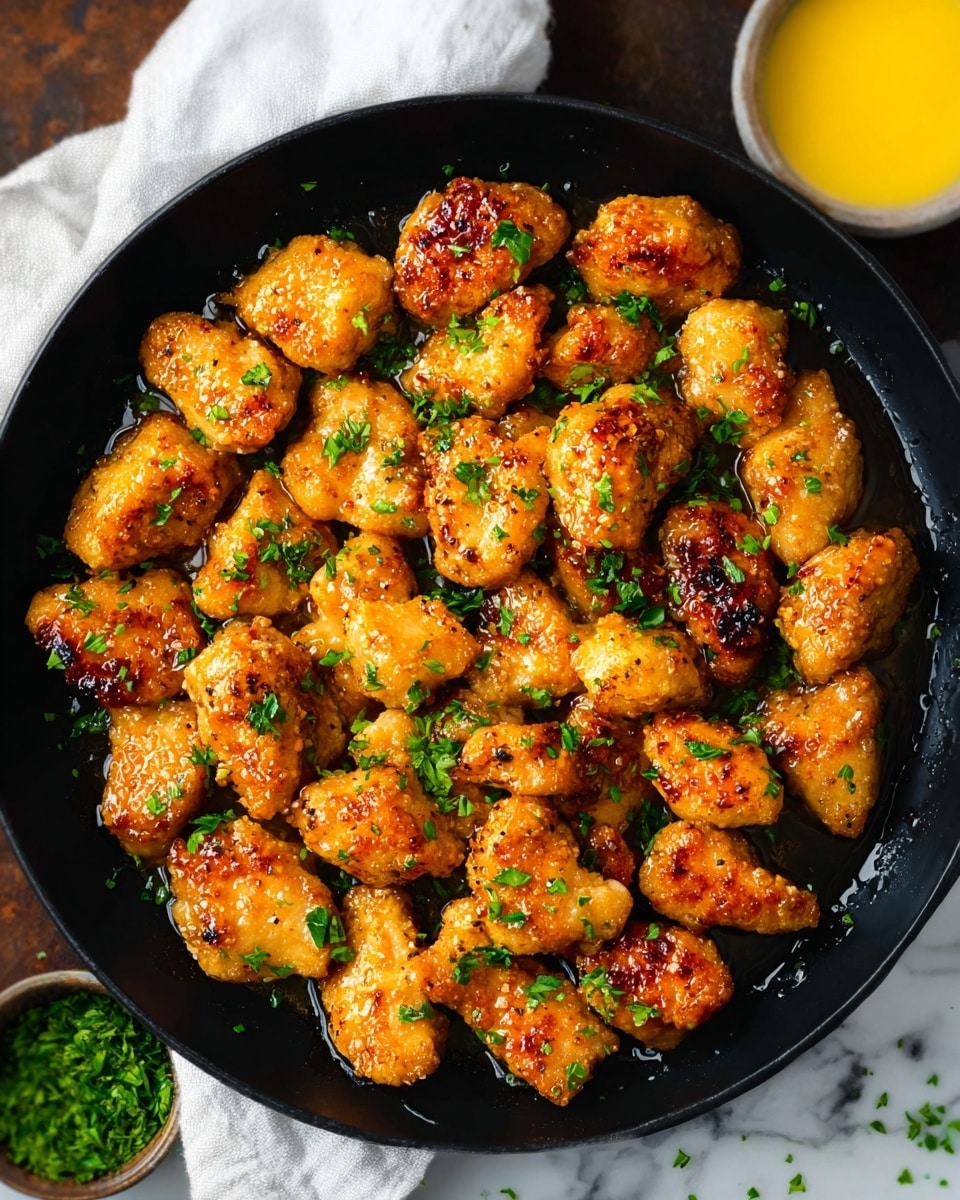 A round black pan filled with about 30 small chicken pieces cooked to a golden brown with a crispy texture, scattered with fresh chopped green parsley on top. The chicken pieces vary in size and are glistening with oil or sauce, giving a shiny, moist look. The pan is placed on a dark wooden surface next to a white cloth napkin and a small bowl of yellow sauce. The whole scene is set on a white marbled texture background. photo taken with an iphone --ar 4:5 --v 7