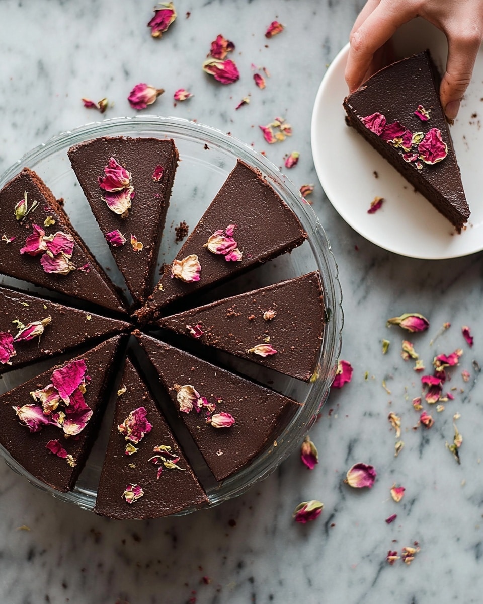 The image shows six slices of a dark chocolate cake on a clear glass plate placed on a white marbled surface. Each slice has a dense, rich dark brown layer with a smooth texture on top decorated with scattered pink and light yellow dried flower petals. One slice is separated from the rest and set on a small white plate in the top right corner, with a woman's hand reaching for it. Additional dried flower petals are scattered around on the surface, adding a colorful contrast to the deep brown cake. Photo taken with an iphone --ar 4:5 --v 7