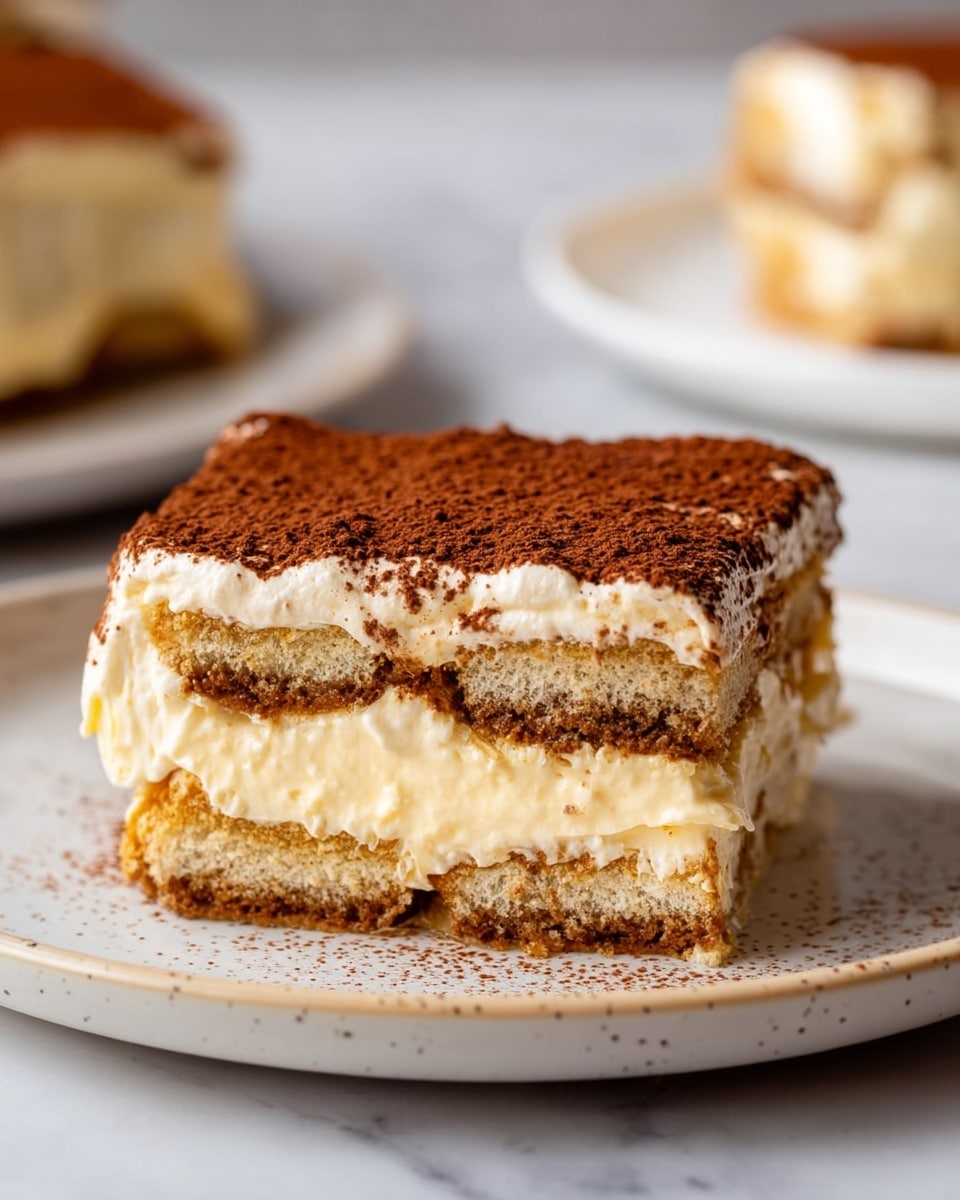 A close-up of a slice of tiramisu sits on a white plate with light speckles, placed on a white marbled surface. The dessert has three visible layers of light brown, soaked ladyfinger biscuits alternating with two thick layers of creamy, pale yellow mascarpone filling. The top layer is dusted evenly with a fine layer of dark brown cocoa powder. The texture of the cream looks smooth and soft, slightly melting at the edges of the plate. In the background, there is a blurred view of another slice of tiramisu on a white plate. Photo taken with an iphone --ar 4:5 --v 7