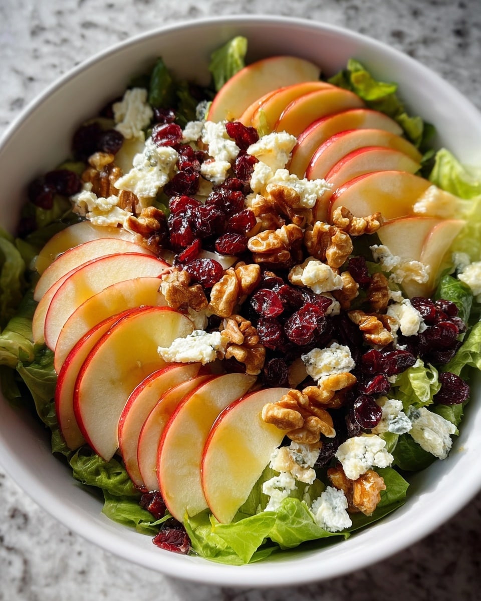 A white bowl filled with a fresh salad showing three main layers: at the bottom a bed of green leafy lettuce, the middle layer made of thin, round red and pale yellow apple slices, and the top layer scattered with dark red dried cranberries, light white soft cheese crumbles, and medium brown chunky walnuts with some honey drizzled over, all sitting against a white marbled texture surface. photo taken with an iphone --ar 4:5 --v 7