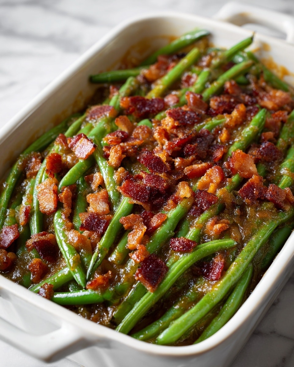 The image shows a white rectangular ceramic dish filled with cooked green beans topped with browned, crispy bacon pieces. The green beans are arranged in a mostly uniform layer, their bright green color with a slightly soft texture visible beneath the golden-brown bacon bits scattered evenly on top. There is a glossy, caramelized sauce coating the beans and bacon, adding a shiny texture throughout. The background is a white marbled surface. photo taken with an iphone --ar 4:5 --v 7