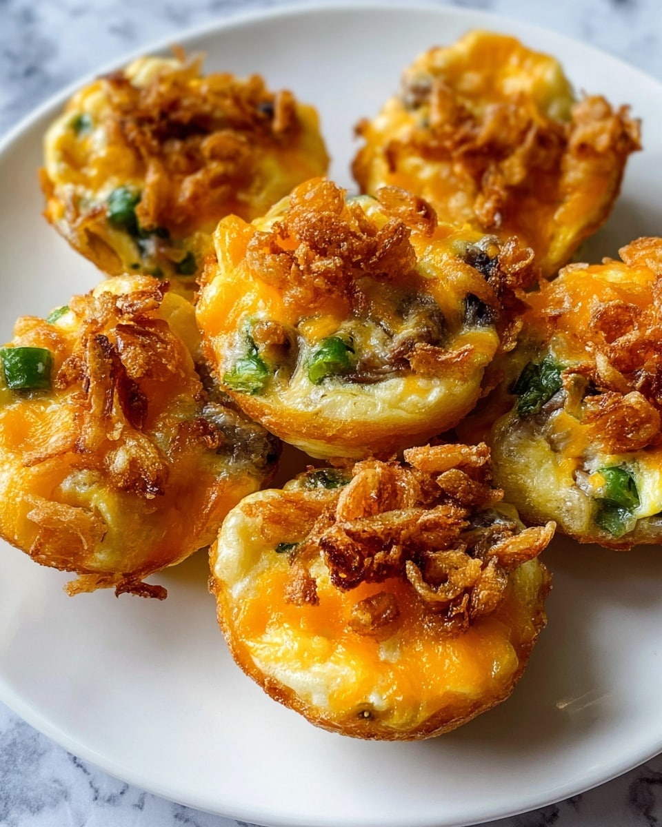The image shows six golden brown mini muffin-shaped egg bites arranged on a white plate, each with three visible layers: a crispy, light brown crust at the bottom, a fluffy pale yellow egg layer mixed with green vegetable pieces and mushroom chunks in the middle, and a melted orange-yellow cheddar cheese layer on top, finished with a crunchy, textured sprinkle of fried crispy onions giving a rich, varied surface. The plate is placed on a white marbled texture. photo taken with an iphone --ar 4:5 --v 7