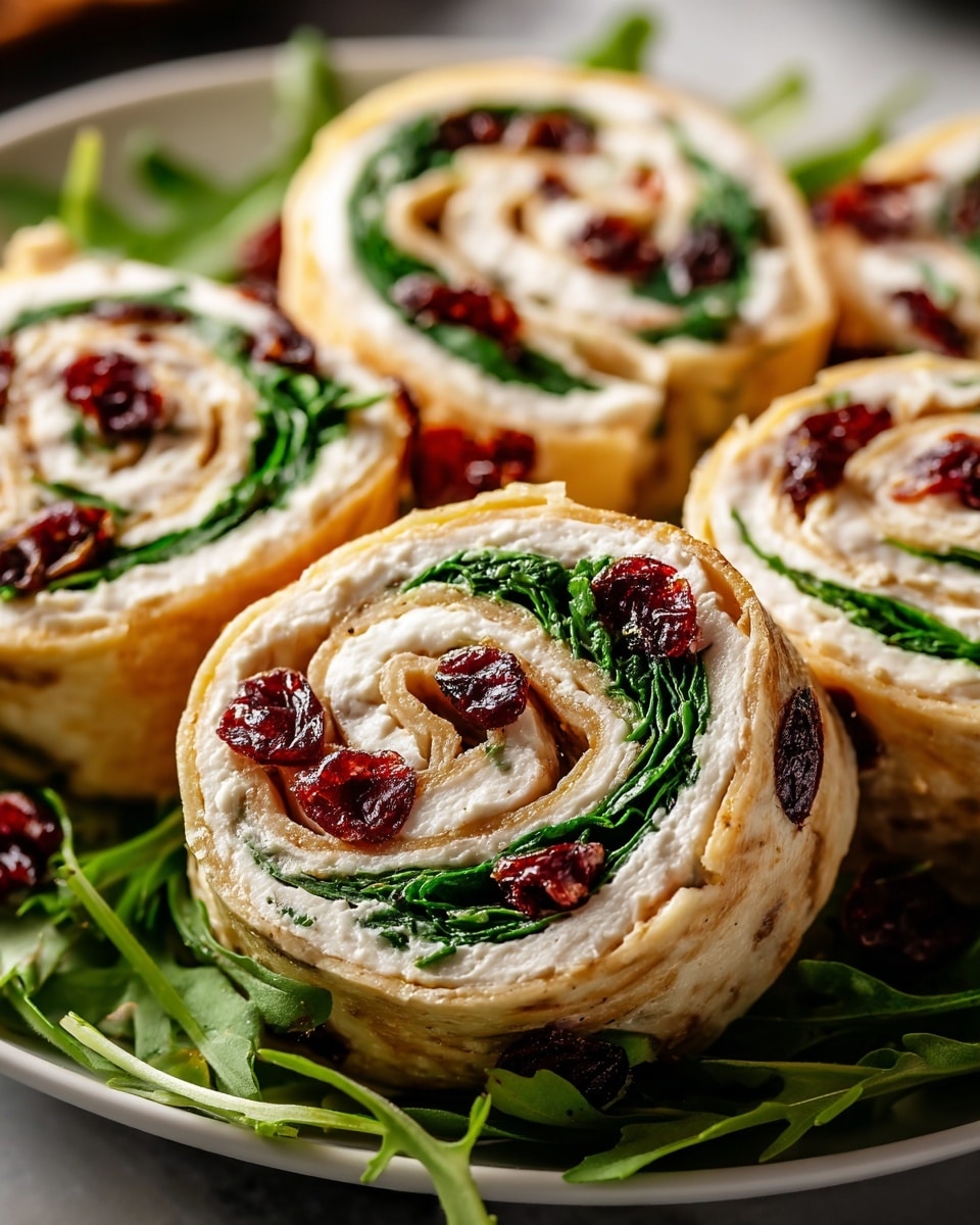 The image shows several rolled pinwheel sandwiches arranged closely on a white plate, placed on a white marbled surface. Each roll has three visible layers: a golden-brown tortilla wrap on the outside, a white creamy layer inside, and thin green spinach leaves with dark red pieces of dried cranberry scattered evenly throughout the swirl. The rolls are sliced thickly, giving a clear view of the spiral pattern from the cross-section. Fresh arugula leaves are placed underneath the sandwiches on the plate, adding a touch of bright green color. The photo taken with an iphone --ar 4:5 --v 7