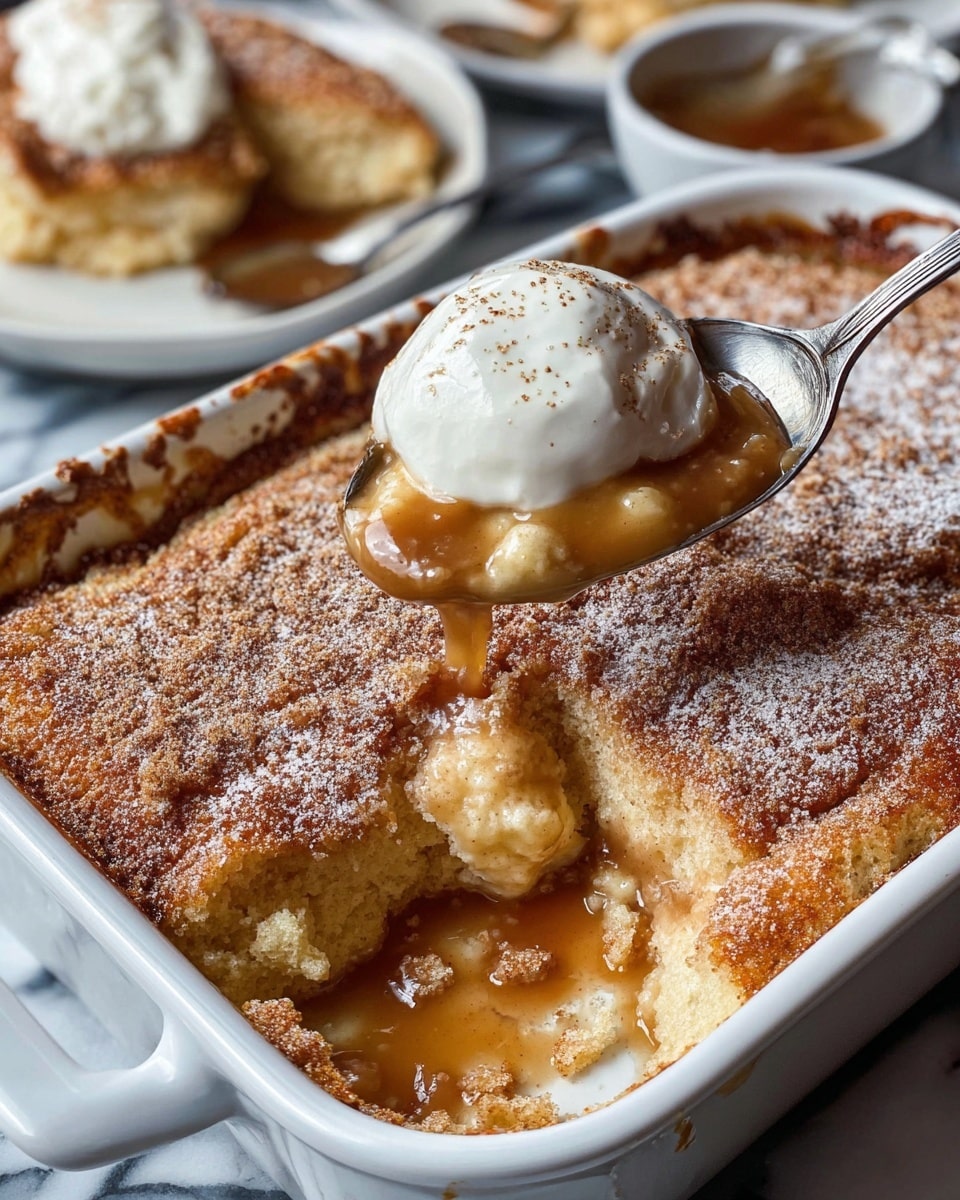 The image shows a close-up of a rectangular white casserole dish filled with a baked dessert that has a golden brown, crumbly top layer dusted lightly with powdered sugar and cinnamon. A silver spoon scoops out a portion revealing a thick, glossy, light caramel-colored sauce underneath the top crust, along with a dollop of white cream on the spoon. The edges of the dish have baked-on caramel sauce that has darkened and slightly dripped down the sides. The dessert sits on a white marbled surface, and another similar dessert is partially visible in the background. Photo taken with an iphone --ar 4:5 --v 7