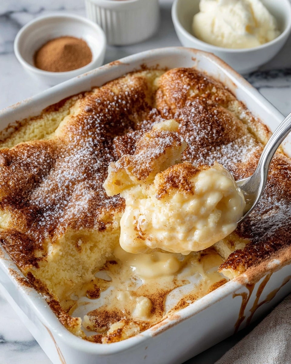 The image shows a baked dessert in a white rectangular dish with a bubbly, golden-brown crust on top. The crust has a slightly rough, uneven texture and is sprinkled with powdered sugar. Underneath the crust is a creamy, light yellow layer visible where the spoon has scooped some out. The edges of the dish have some caramelized sauce dripped and baked onto the sides, adding a darker brown color around. A metal spoon is inside the dish, lifting a portion of the soft, fluffy interior. In the background, there are two small white dishes, one with cinnamon powder and the other with a white cream or butter. The dish sits on a white marbled surface. photo taken with an iphone --ar 4:5 --v 7
