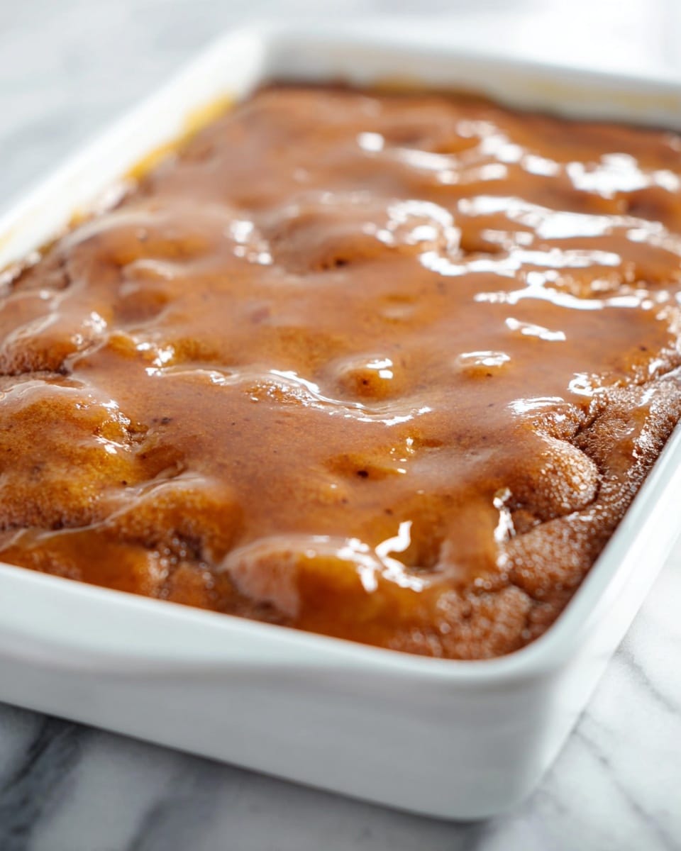 A close-up view of a single large square piece of dessert sitting on a white plate, featuring a moist, crumbly layer at the bottom in light brown with small chunks visible inside, topped with a thick, glossy caramel-colored glaze that drips slightly over the sides. The dessert looks soft and textured with a slightly uneven surface, suggesting a baked treat with rich filling. In the blurry background, there are some round fruits in green and yellow hues next to a white baking dish partially visible on a white marbled surface. photo taken with an iphone --ar 4:5 --v 7