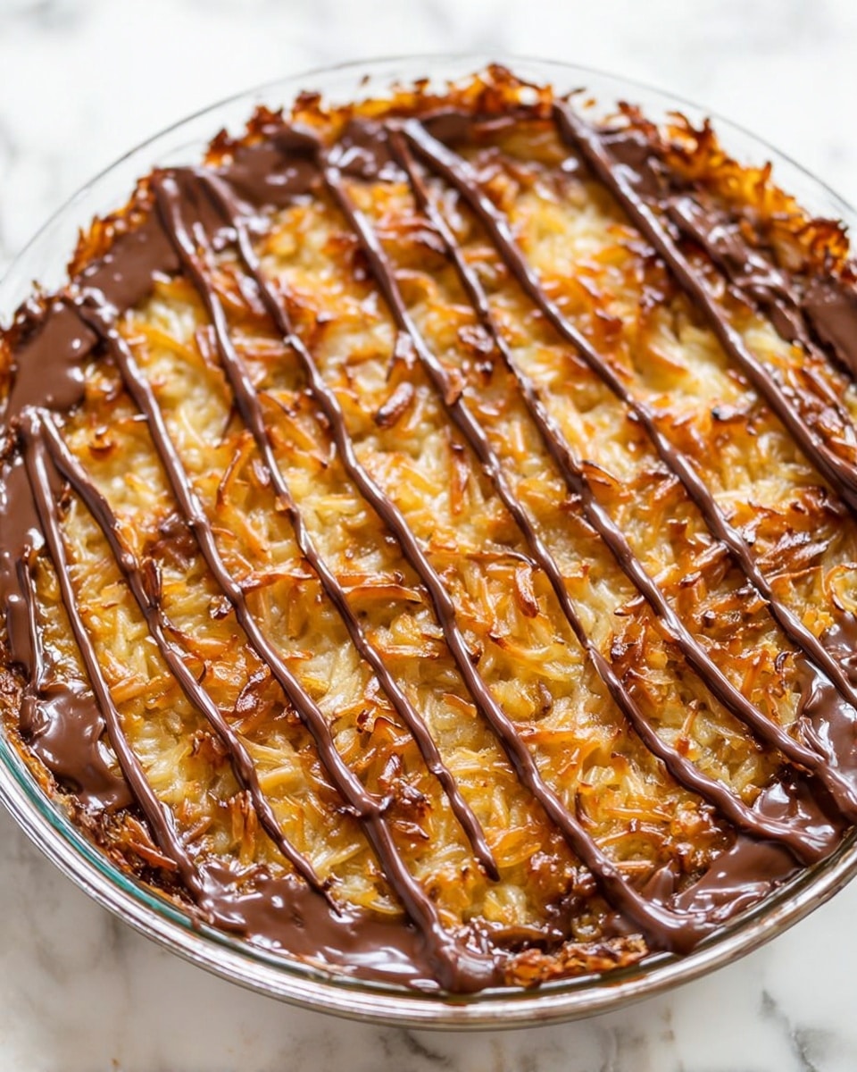 A round glass dish filled with a baked dessert that has a golden-brown crunchy top layer with shredded texture and caramelized spots. On top, there are evenly spaced thick vertical lines of smooth, dark melted chocolate stretching from one side of the dish to the other. The dessert shows some glossy and slightly sticky areas beneath the chocolate lines, suggesting a moist layer under the crunchy top. The background is a white marbled texture. photo taken with an iphone --ar 4:5 --v 7