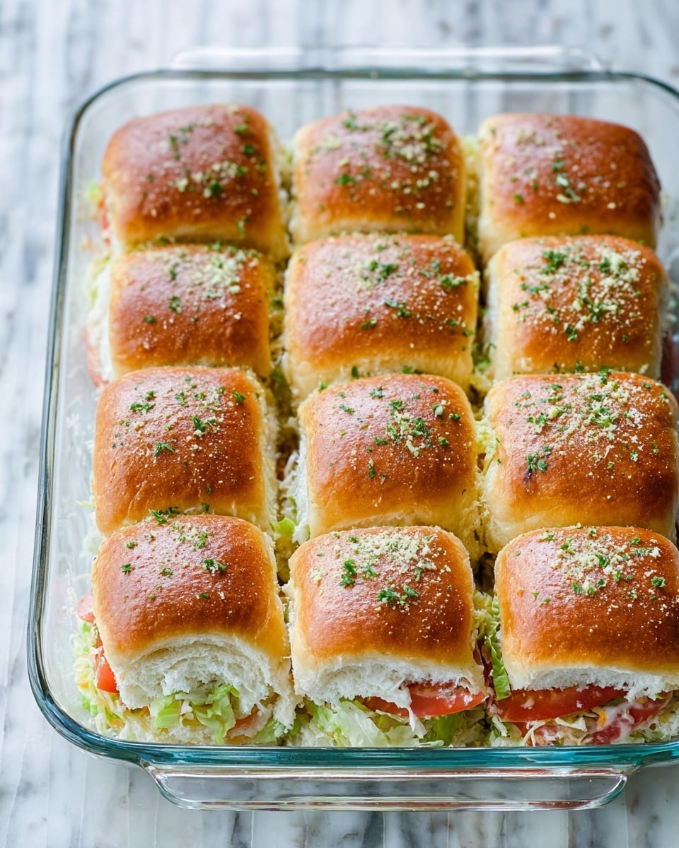 A glass baking dish holds twelve square sandwich sliders arranged in a 3 by 4 grid. Each slider has a golden brown, slightly shiny top bun sprinkled with green parsley and a light dusting of grated cheese or crumbs. Between the buns, visible layers show shredded lettuce, slices of red tomato, and a creamy white sauce or cheese, making the filling look fresh and creamy. The background is a white marbled texture. Photo taken with an iphone --ar 4:5 --v 7