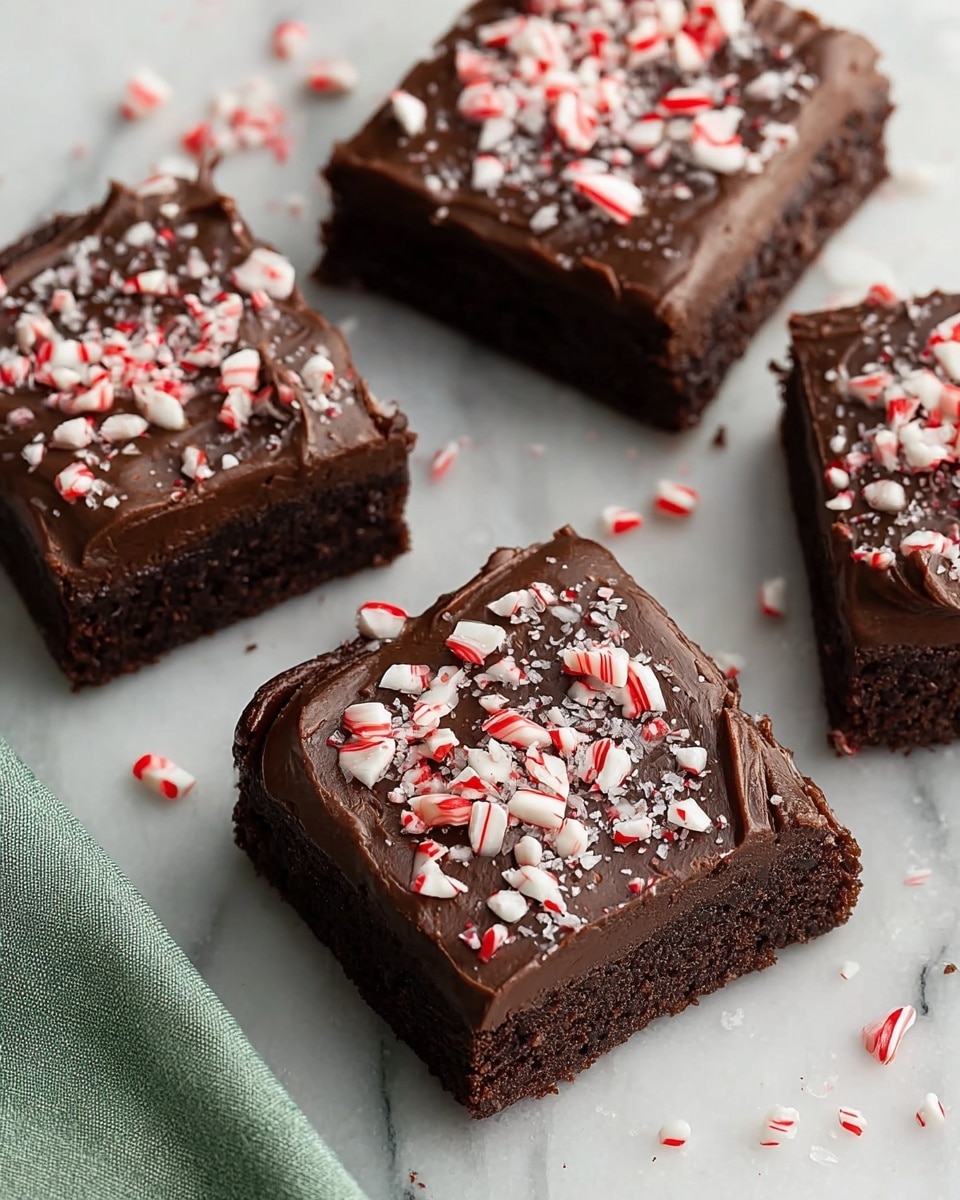 The image shows four square chocolate brownies placed on a white marbled surface, each topped with a smooth, glossy layer of dark chocolate frosting. The frosting has a slightly swirled texture and is sprinkled generously with small pieces of crushed red and white peppermint candy, adding bright color contrast with red stripes and white parts. The brownies have a rich, dense, and moist texture visible on the sides. Some peppermint crumbs are scattered around the brownies on the surface. A soft green cloth is partially visible under one brownie in the bottom left corner. photo taken with an iphone --ar 4:5 --v 7
