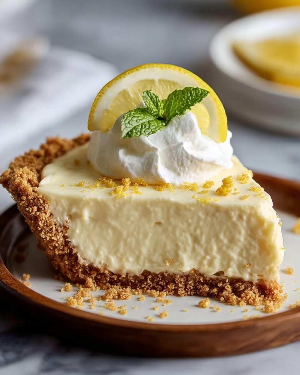 A slice of lemon pie on a round white plate with a crumbly brown crust as the bottom layer. Above the crust is a thick, creamy pale yellow filling with a smooth texture. On top, there is a dollop of white whipped cream, a small green mint leaf, and a thin yellow lemon slice standing upright. Some crumbs are sprinkled on the cream, and the scene is set on a white marbled surface. Photo taken with an iphone --ar 4:5 --v 7