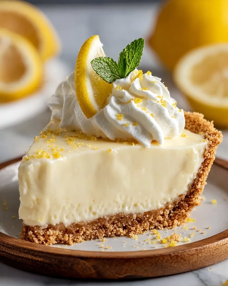 A slice of creamy lemon pie with three visible layers: at the bottom is a thick, crumbly light brown crust; the middle layer is a smooth, pale yellow lemon filling with a soft texture; the top layer is a dollop of white whipped cream garnished with a thin lemon wedge and a small green mint leaf, sprinkled lightly with tiny yellow crumbs. The slice sits on a round white plate on a white marbled surface, with blurred lemon halves in the background. photo taken with an iphone --ar 4:5 --v 7