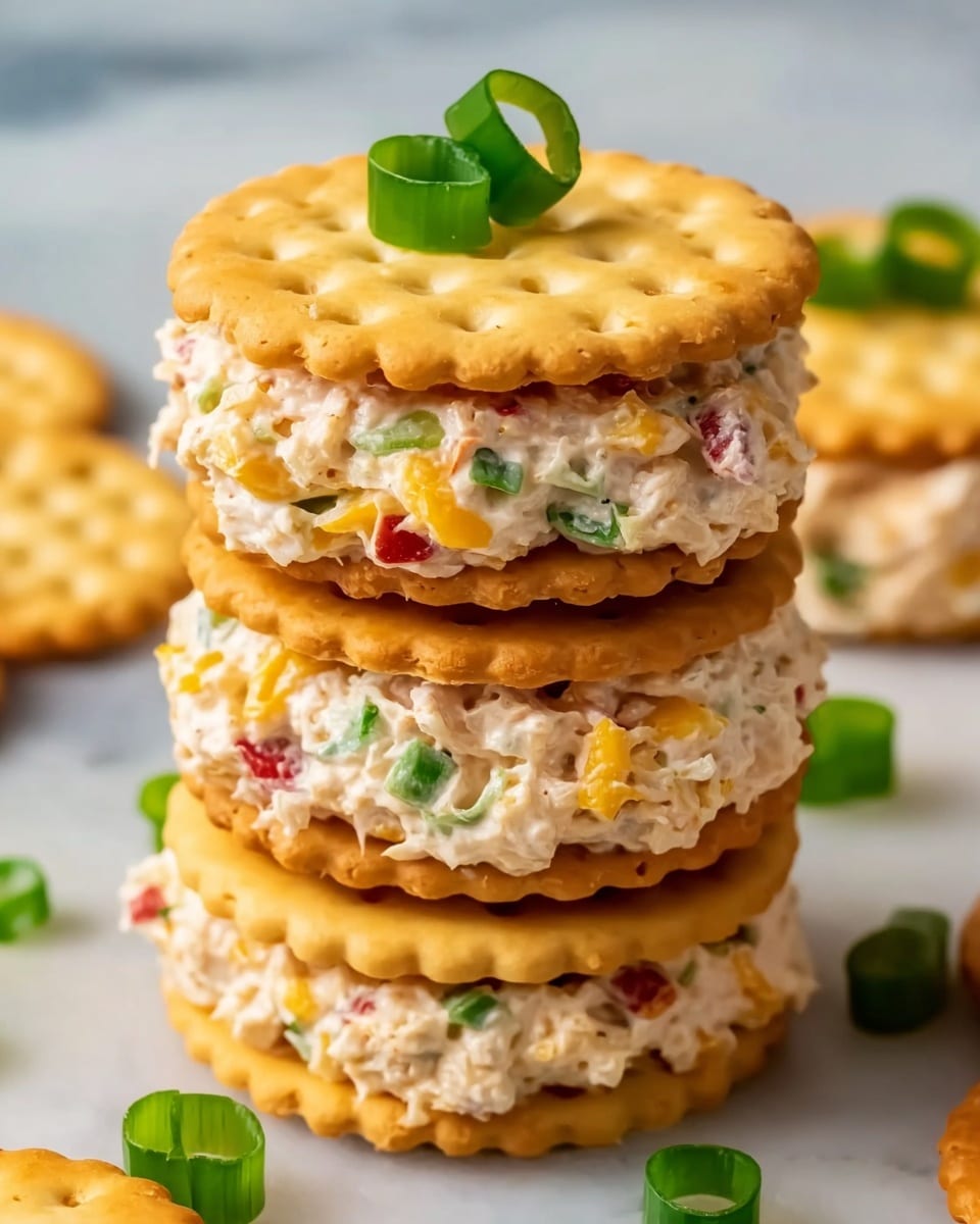 A stack of three cracker sandwiches sits on a white marbled surface, each sandwich made of two golden round crackers with scalloped edges and a thick middle layer of creamy filling mixed with small pieces of green, red, and yellow vegetables or cheese. The top sandwich is decorated with two small green onion rings, and loose crackers and chopped green onions are scattered around. The crackers have tiny holes forming a neat pattern on top, and the filling looks soft with visible chunks. photo taken with an iphone --ar 4:5 --v 7