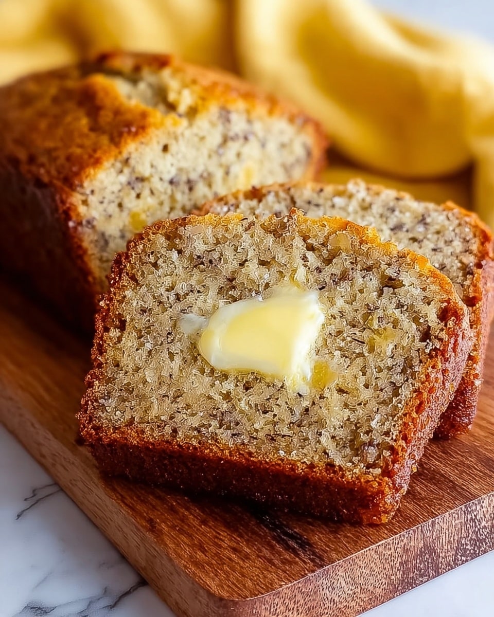 The image shows a close-up of two slices of banana bread placed on a wooden board. The front slice has a golden-brown crust and a soft, textured inside speckled with small banana bits. On top of the front slice, a small pat of light yellow melted butter sits slightly melted, adding a glossy layer. The second slice in the background is partially visible with the same golden-brown crust and banana bread texture. A soft yellow blurred cloth can be seen behind the bread, all set against a white marbled surface. Photo taken with an iphone --ar 4:5 --v 7
