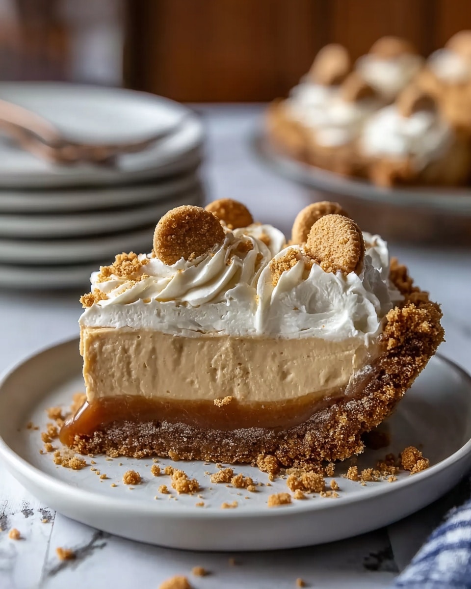 A slice of pie with four visible layers sits on a white plate with a white marbled surface. The bottom layer is a crumbly brown crust, resting on top of it is a thin, sticky caramel layer. Above the caramel, a thick, creamy light brown filling makes up most of the slice. On top, there is a layer of fluffy white whipped cream, decorated with swirls and small round pieces of crumbly cookie placed on some dollops of cream. Crumbs are scattered around the slice and plate edges. In the background, another pie and some plates with a fork are slightly blurred. Photo taken with an iphone --ar 4:5 --v 7