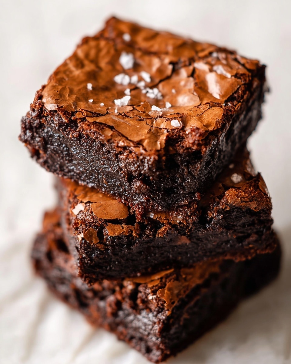 There are three thick, square brownies stacked on top of each other against a white marbled texture. Each brownie has a rich, dark brown color inside with a slightly cracked, golden-brown crispy top sprinkled with a few white coarse salt crystals. The edges are a bit darker and the texture looks fudgy and dense. The lighting highlights the shiny, crackled surface and the softness inside. photo taken with an iphone --ar 4:5 --v 7