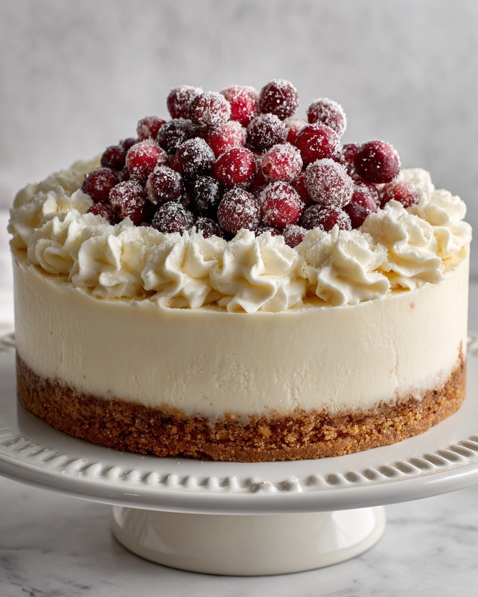 A round cake with three visible layers: the bottom layer is light brown, crumbly, and looks like a crust; the middle layer is thick, smooth, and creamy white; the top layer is fluffy white frosting, decorated with swirls of whipped cream all around the edge. In the center of the cake, there is a pile of red and dark red sugared cranberries covered in sparkling sugar crystals. The cake sits on a white slotted cake stand with a white marbled background. Photo taken with an iphone --ar 4:5 --v 7