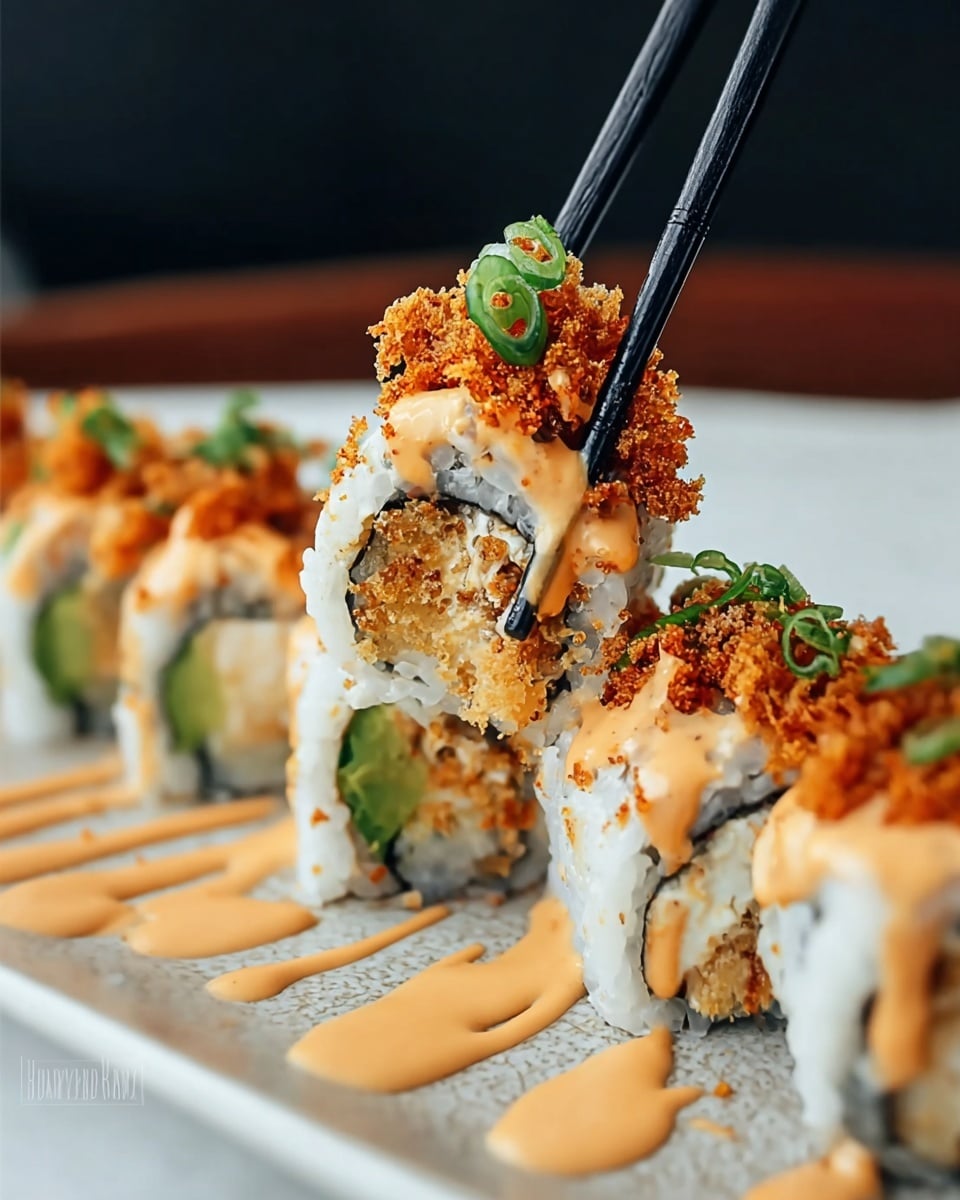 A close-up of several sushi rolls arranged in a row on a white plate with a white marbled texture background, each roll showing three distinct layers: the outer layer of white rice, a middle layer of nori seaweed, and an inner layer filled with bright green avocado and golden fried tempura. The top layer is covered with crunchy brown tempura flakes and sprinkled with small, fresh, green onion pieces, all drizzled with light orange creamy spicy sauce, some sauce spilling onto the plate. Black chopsticks are holding one sushi roll above the plate, highlighting the textured layers and sauce dripping. Photo taken with an iphone --ar 4:5 --v 7