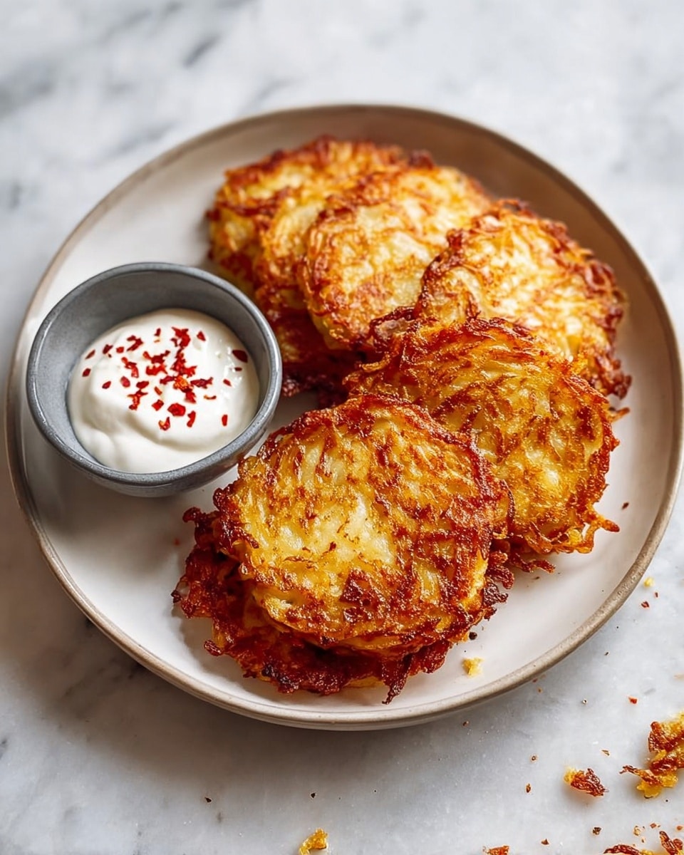 A round white plate filled with a stack of golden brown potato pancakes, each about one layer thick with a crispy and slightly uneven texture on the top and edges. The pancakes are arranged overlapping in the center of the plate. On the upper left side of the plate, there is a small gray bowl filled with smooth white sour cream topped with small red chili flakes. The plate is placed on a white marbled surface with some scattered crumbs and small pieces of red seasoning nearby. photo taken with an iphone --ar 4:5 --v 7