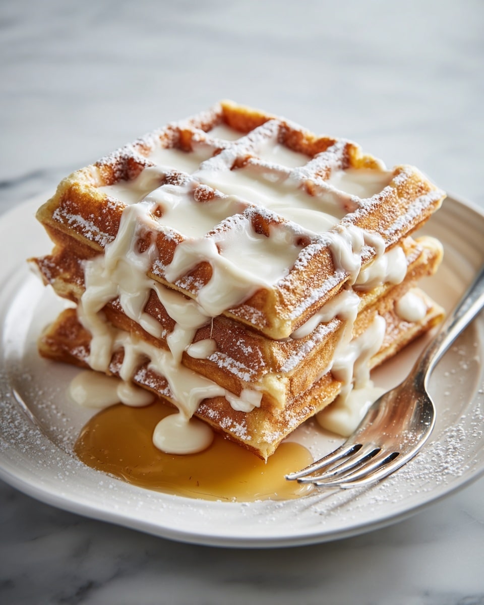 A stack of three golden brown waffles with a slightly crispy texture is neatly piled on a white plate, each waffle showing deep square indentations. Thick white cream sauce is generously drizzled over the top and sides, dripping down the layers. Light powdered sugar is sprinkled over the waffles, adding a soft white dusting. At the base, a small pool of amber syrup collects on the plate. A fork rests on the right side of the plate. The whole scene is set on a white marbled surface. photo taken with an iphone --ar 4:5 --v 7