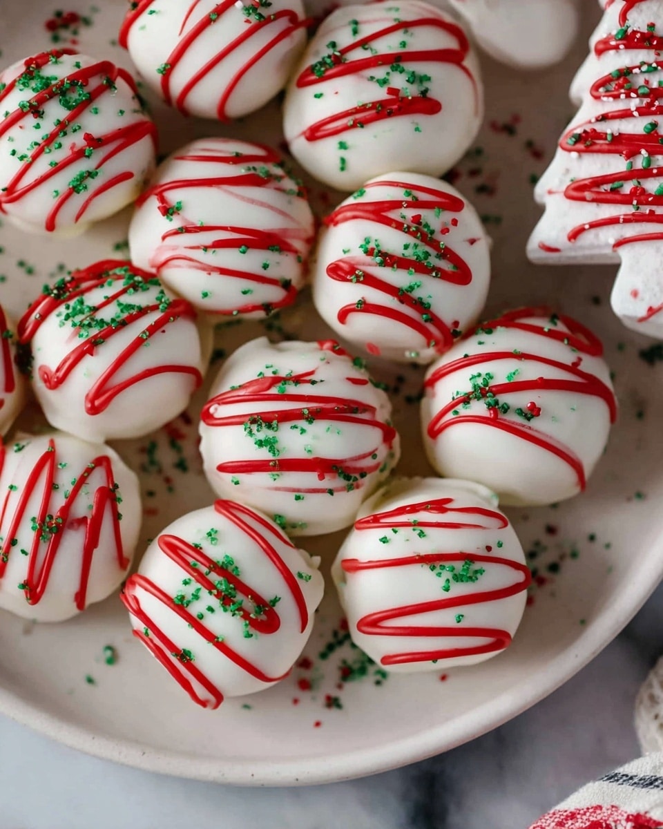 A white round plate is filled with bite-sized, round treats covered in white frosting, each decorated with three to four thin red icing stripes running diagonally across. Green sugar sprinkles are scattered on top of the white frosting, adding small bursts of color. In the upper right corner of the plate, a partially visible treat shaped like a Christmas tree is also decorated with red icing stripes. The plate rests on a white marbled surface, giving a clean and festive look. photo taken with an iphone --ar 4:5 --v 7