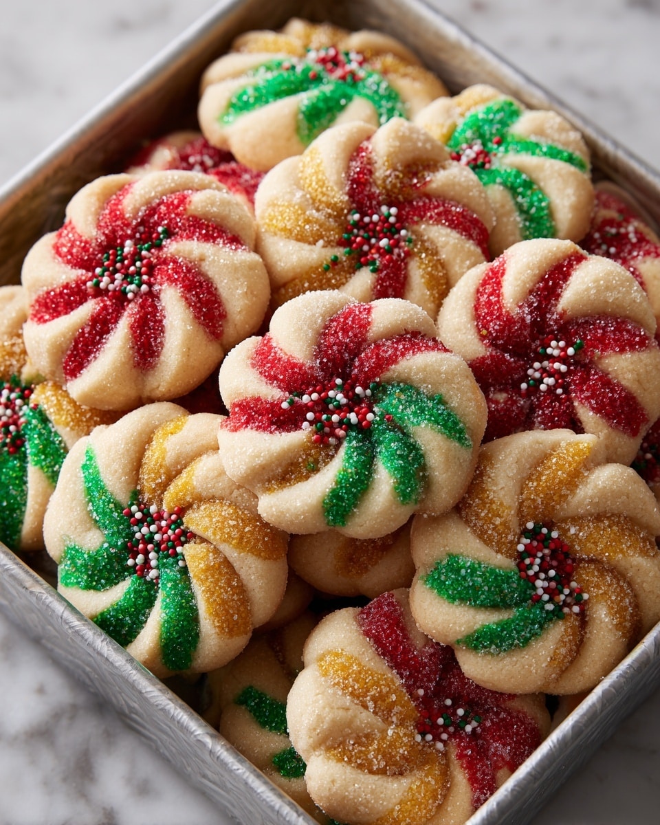 A tray full of swirl-shaped cookies with three twisted layers in each cookie: one layer is light cream color, the second layer alternates between red, green, or golden yellow sugar, and the third layer matches the second color twisted around the cream layer. The sugar coating is rough and shiny with lots of tiny white sugar sprinkles on top. The cookies are placed close together on brown parchment paper inside a metal baking tray, set on a white marbled surface. Photo taken with an iphone --ar 4:5 --v 7