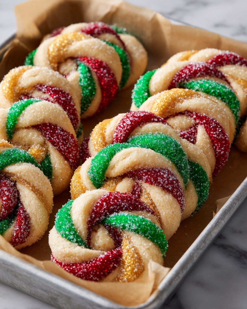 A metal tray filled with round cookies shaped like swirled flowers with eight thick petals each, where each petal alternates between plain light beige dough and bright colored dough segments in red, green, or golden yellow, all covered with coarse sugar crystals and tiny round white, red, and green sprinkles that add texture and sparkle. The cookies are stacked closely together, showing a mix of color patterns, all resting on a white marbled surface. photo taken with an iphone --ar 4:5 --v 7