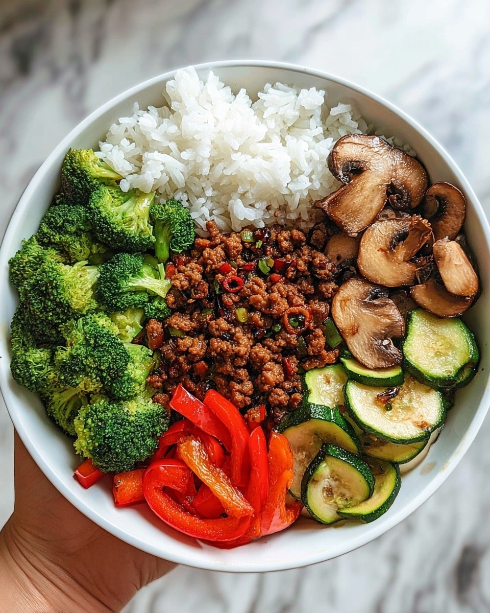 A white bowl filled with five different layers arranged side by side: fluffy white rice on the top left, bright green cooked broccoli florets on the bottom left, brown cooked ground meat with small red and dark bits in the center, light brown sautéed mushroom slices on the top right, and sautéed zucchini slices mixed with shiny red bell pepper strips and some small broccoli pieces on the bottom right. The bowl is held by a woman's hand against a white marbled surface. photo taken with an iphone --ar 4:5 --v 7