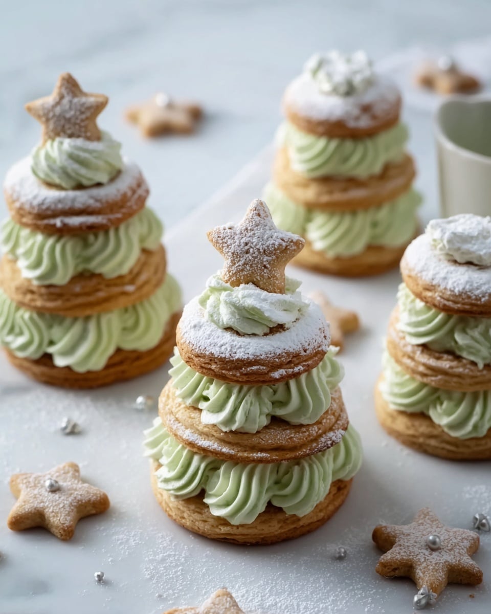 The image shows several three-layer cookie towers arranged on a white marbled surface. Each tower has three round, light brown cookies dusted with a light layer of powdered sugar; the top cookie is topped with a small star-shaped cookie also dusted with powdered sugar. Between the cookies is a thick layer of pale green cream, piped with a swirled texture. Around the cookie towers, there are small star-shaped cookies scattered, some dusted with powdered sugar. The overall look is neat and festive with soft colors and delicate details. Photo taken with an iphone --ar 4:5 --v 7
