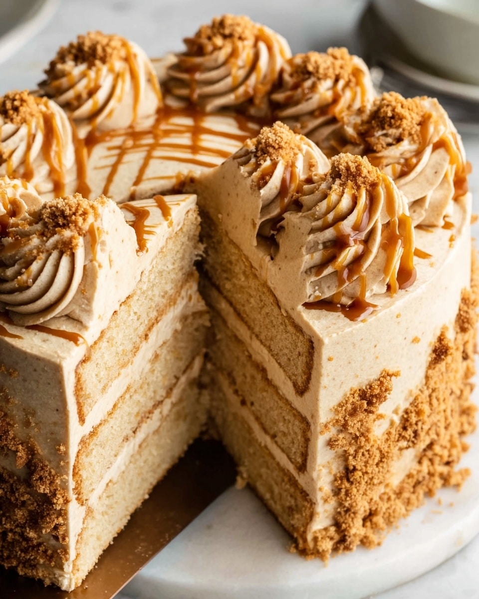 A close-up view of a round, two-layer vanilla cake with light brown frosting covering the outside and between the layers. The cake layers are soft and light beige, showing a delicate crumb texture. On top, there are swirls of creamy light brown frosting arranged in a ring around the edge, each swirl drizzled with caramel sauce and sprinkled with small brown cookie crumbs. A slice is being lifted by a spatula, showing the even thickness of both cake layers and frosting. The cake sits on a white plate, placed on a white marbled surface. Photo taken with an iphone --ar 4:5 --v 7