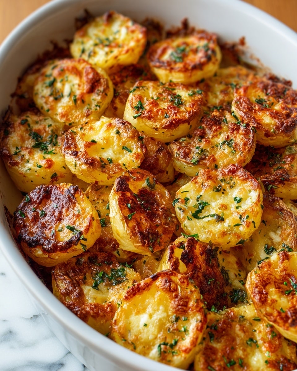 The image shows a white oval dish filled with about three layers of golden-brown roasted potato halves. Each potato half has a crispy, browned top with slightly rough texture, interspersed with small melted cheese spots and fresh chopped green herbs sprinkled evenly over every piece. The potatoes' skin edges are slightly darker and crispy, creating a mix of colors from light golden yellow to deep brown. The dish sits on a white marbled surface, and the potatoes appear hot and freshly cooked with a rustic, homemade look. photo taken with an iphone --ar 4:5 --v 7