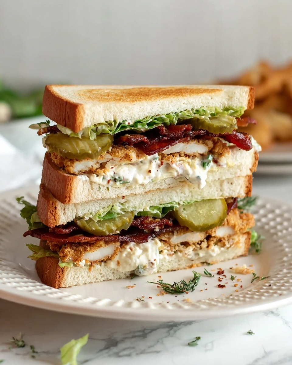 A sandwich cut in half is shown on a white plate, placed over a white marbled surface. The sandwich has three layers of slightly toasted white bread with a golden-brown crust. Inside, the bottom layer has fresh, bright green leafy lettuce. Above the lettuce, there are crispy bacon strips with a shiny red-brown texture. On top of the bacon, there is a thick spread of creamy, light beige mayonnaise with black pepper specks. Another layer of crispy bacon rests above the spread, and the sandwich is finished with the top slice of toasted bread. The sandwich appears fresh and crispy, with visible textures of toast, bacon, lettuce, and creamy sauce. photo taken with an iphone --ar 4:5 --v 7