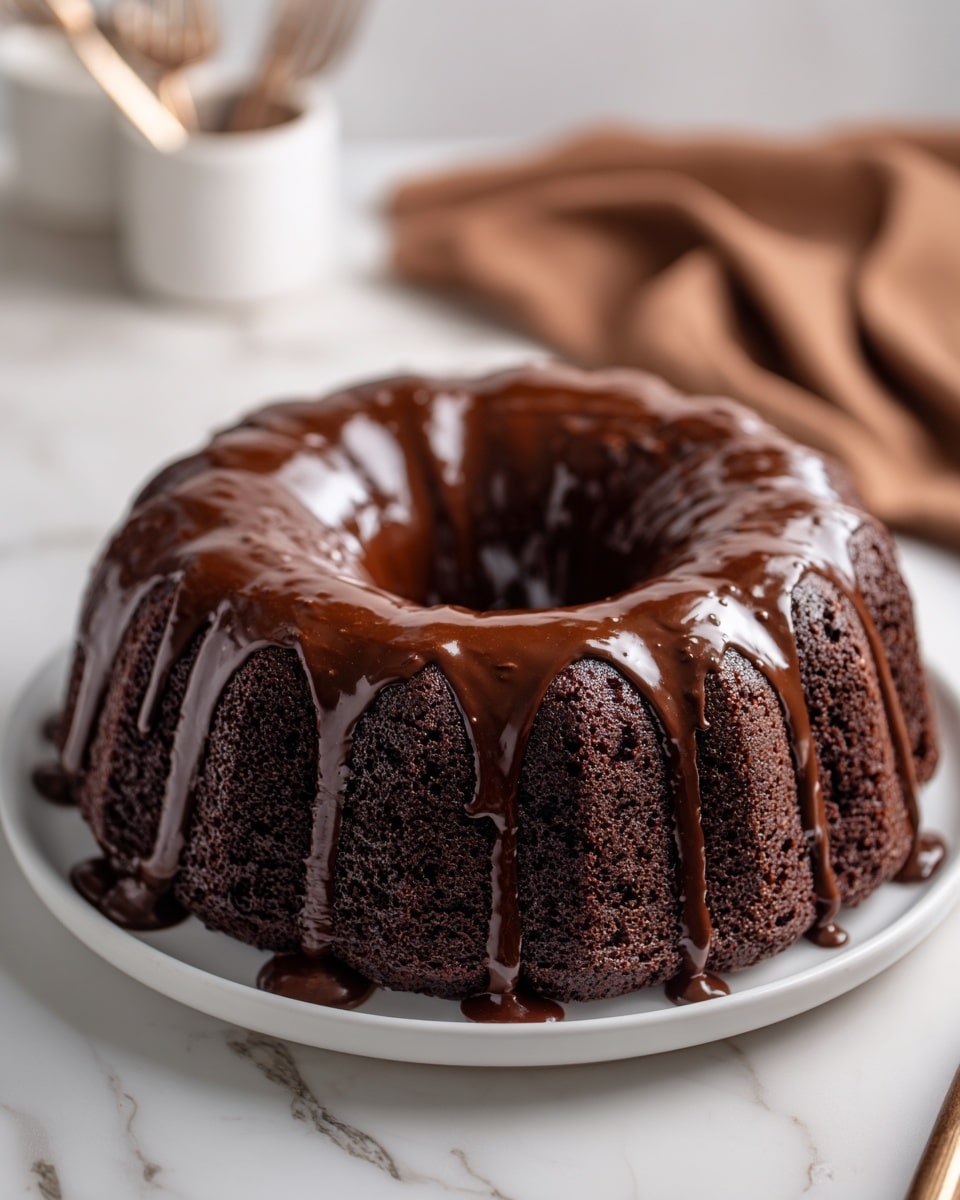 A rich chocolate bundt cake sits on a white plate, its deep brown, moist texture clearly visible. The cake is covered with thick, glossy chocolate glaze that slowly drapes over the ridged sides, creating shiny drips that catch the light. The glaze pools slightly at the base, adding to the indulgent look. The cake's ring shape and textured pattern create a visually appealing contrast between the matte cake and the smooth glaze. The scene is set on a white marbled surface with a soft focus on utensils and a brown cloth in the background. Photo taken with an iphone --ar 4:5 --v 7