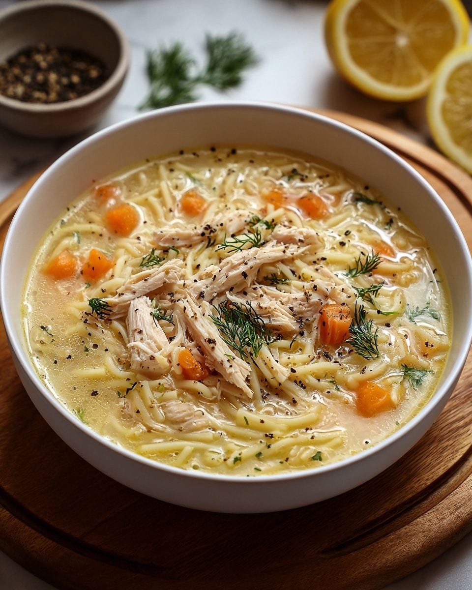 A white bowl filled with chicken noodle soup sits on a wooden board atop a white marbled surface. The soup has a creamy light yellow broth with soft, thin noodles layered throughout. Floating on top are shredded pieces of light brown chicken, small cubed orange carrots, and sprigs of fresh green dill. The soup is sprinkled with coarse black pepper for texture and color. In the out-of-focus background, there is a half lemon and a bowl with black pepper, adding a subtle warm tone to the scene. Photo taken with an iphone --ar 4:5 --v 7