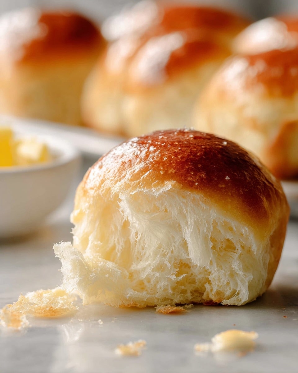 The image shows a close-up of a single soft bread roll with a shiny, golden brown top crust and a light, fluffy, and airy interior. The roll has been torn open to reveal its delicate, stringy texture inside. A few small crumbs are scattered on the smooth white marbled surface beneath it. In the background, there is a blurred sight of more bread rolls on a white surface, and a small white dish with light yellow butter. The lighting is warm and natural, highlighting the bread's soft texture and gloss. Photo taken with an iphone --ar 4:5 --v 7