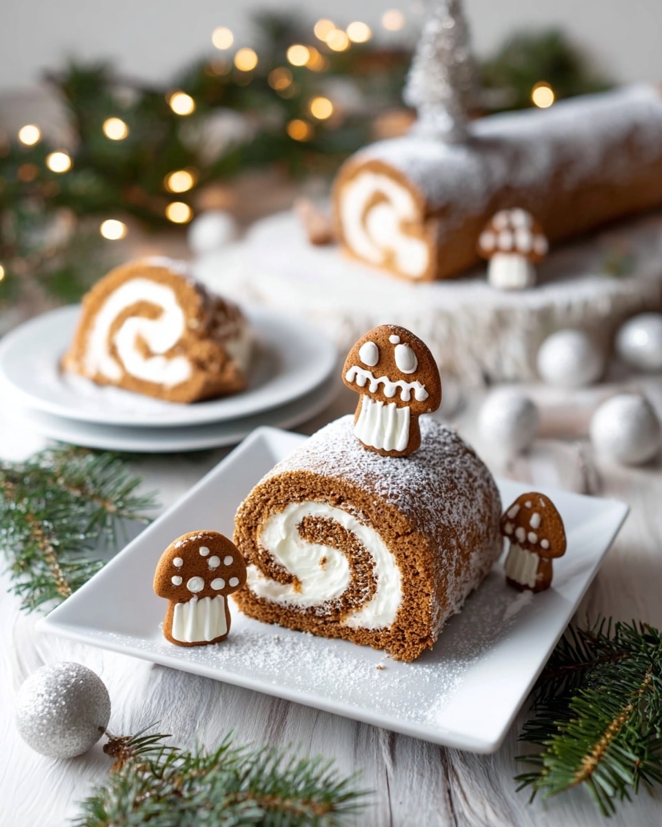 A rolled cake with two visible layers, a soft brown sponge layer wrapped around a creamy white filling, dusted with a thick layer of powdered sugar on top. The cake rests on a white plate dusted with powdered sugar. Three small mushroom-shaped gingerbread cookies with white icing spots and details are placed around and on top of the cake, adding a playful touch. The background shows blurred green foliage and soft warm string lights against a white marbled texture. Photo taken with an iphone --ar 4:5 --v 7