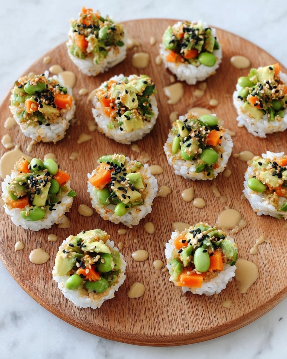The image shows eleven small sushi rice cups arranged on a round white wooden plate over a white marbled surface. Each sushi cup is built in two layers: the bottom layer is tightly packed white rice forming a cup shape, while the top layer is a colorful mix of chopped green avocado, bright green edamame beans, and small orange carrot pieces, all scattered with black sesame seeds. There is a light drizzle of beige sauce spread unevenly over the sushi cups and the plate, creating small pools and drops. The texture of the rice looks soft, topped with the fresh, slightly chunky texture of the vegetable mix. photo taken with an iphone --ar 4:5 --v 7