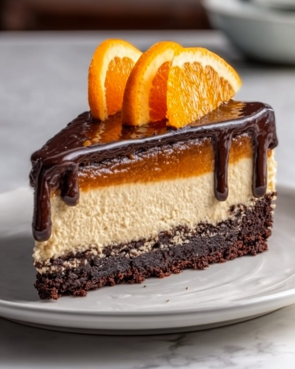 A slice of three-layer cake on a white plate, set on a white marbled surface. The bottom layer is dark brown and crumbly, looking like chocolate crust. The middle layer is thick and creamy beige, smooth in texture. The top layer is glossy dark chocolate, thick and shiny, with chocolate sauce dripping slightly down the side. On top of the chocolate layer are two thin, bright orange slices positioned upright next to each other. Photo taken with an iphone --ar 4:5 --v 7