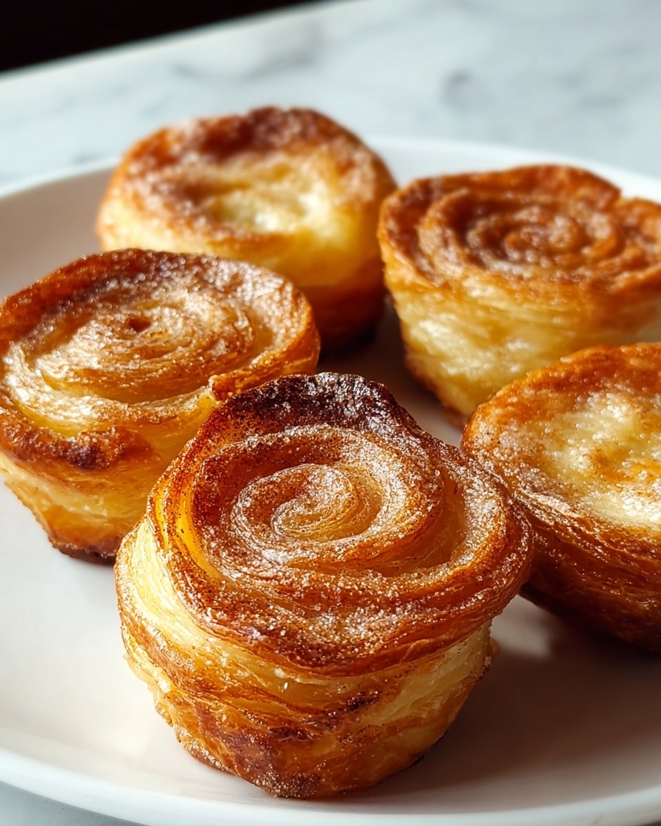 The image shows five small, round pastries with multiple thin, golden-brown layers that look crisp and flaky, arranged closely together on a white plate. Each pastry has a spiral pattern on top, with a light dusting of sugar and cinnamon adding a slightly sparkly texture. The sides are darker golden-brown and caramelized, contrasting with the lighter, creamy inner layers. The background is a white marbled texture. photo taken with an iphone --ar 4:5 --v 7