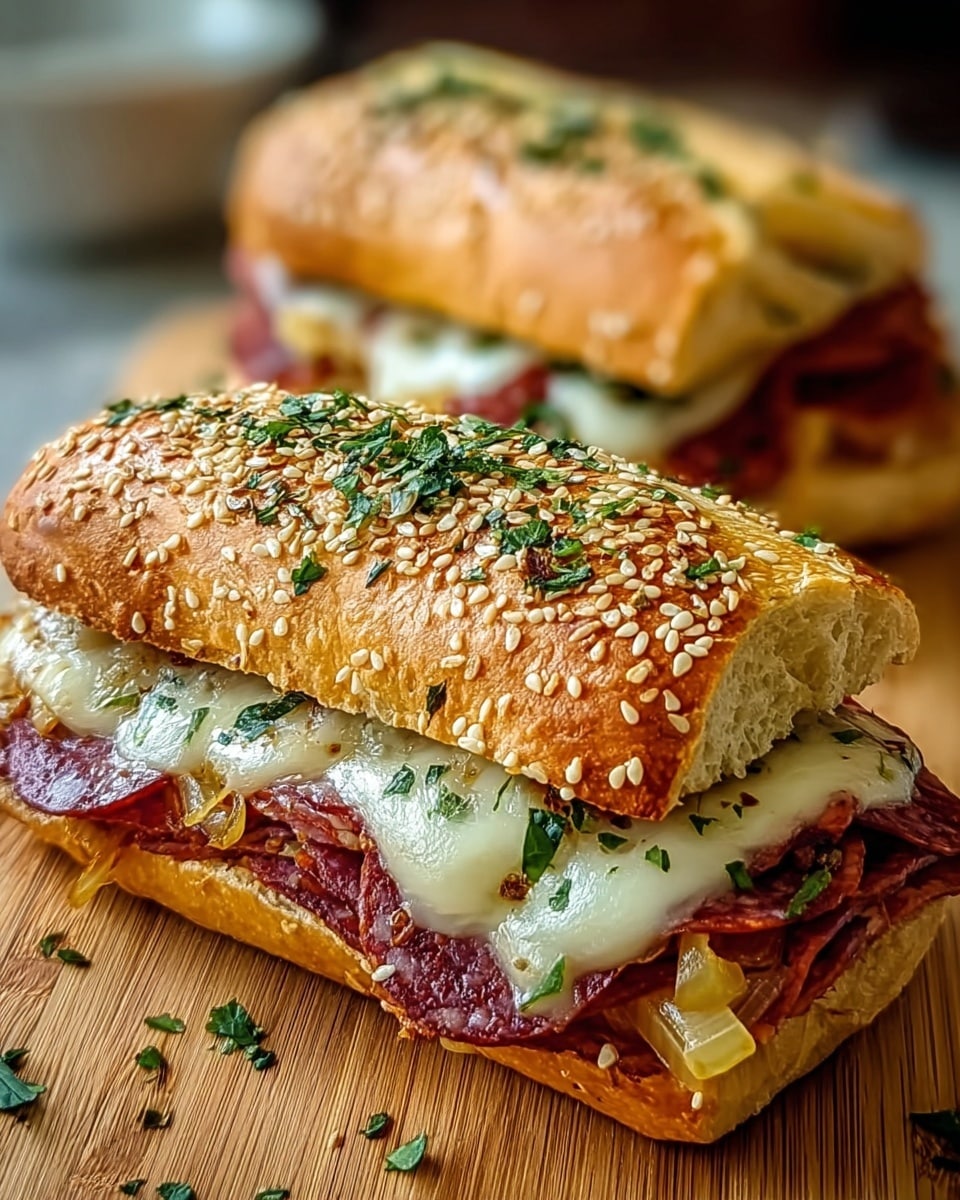 The image shows a close-up view of two large sandwiches on a wooden board, each layered with several ingredients. The sandwich bread is a fluffy, golden-brown sub roll with sesame seeds on top, sprinkled with small green herbs. Inside, the bottom layer is a light brown meat patty, followed by bright yellow corn kernels, then thin slices of reddish-brown pepperoni. Covering the pepperoni is a layer of melted, creamy white cheese that drapes over the sides. There are some visible green leafy bits and thin white onion slices adding color and texture. The sandwiches have a hearty, textured look with a soft inside and slightly crispy outside of the bread. The background is blurred, focusing on the detailed layers of the sandwiches. photo taken with an iphone --ar 4:5 --v 7