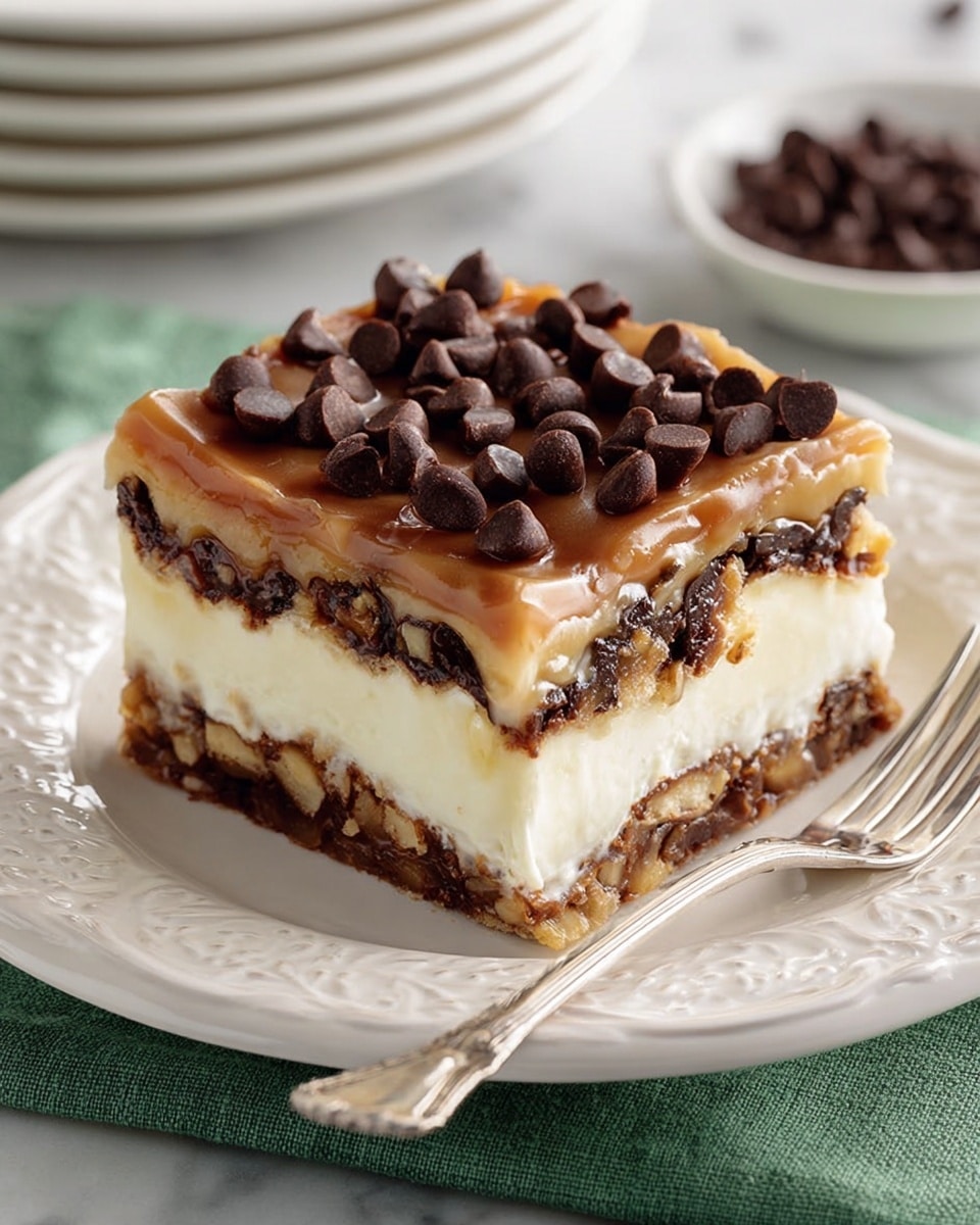A square slice of layered dessert is placed on a white plate with intricate edges, sitting on a green cloth. The dessert has four distinct layers: the bottom layer is a dark brown crust mixed with nuts, the second layer is thick and creamy white cheese filling, the third layer is a gooey mixture of chocolate and nuts with a slightly rough texture, and the top layer is a smooth caramel glaze covered with scattered dark chocolate chips. A silver fork rests beside the dessert. The background shows blurred white plates on a white marbled surface. Photo taken with an iphone --ar 4:5 --v 7