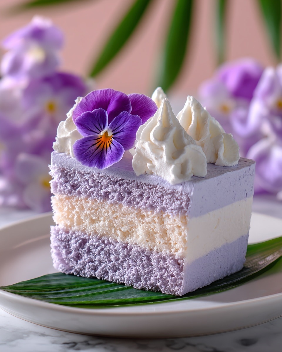 A slice of purple cake with three visible layers: two thick, soft purple sponge cake layers on the top and bottom, and one white creamy layer in the middle. The top of the cake is decorated with fluffy white whipped cream swirls, and a single delicate purple flower sits in the center. The cake slice is placed on a white plate with a green leaf underneath, against a soft pink background showing blurred green leaves and purple flowers. The textures look light and airy. Photo taken with an iphone --ar 4:5 --v 7