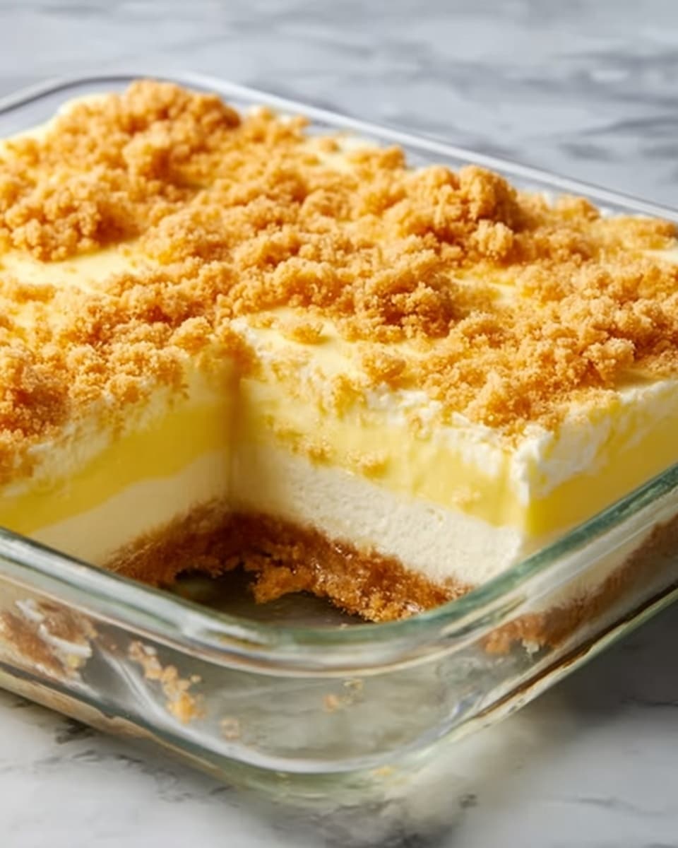 The image shows a glass baking dish with a two-layer dessert placed on a white marbled surface. The bottom layer is thick and creamy white with a smooth texture, while the top layer is a soft, pale yellow custard. The dessert is topped with a crumbly, golden brown crust that looks crunchy. One corner piece is missing, revealing the layers clearly. Photo taken with an iphone --ar 4:5 --v 7