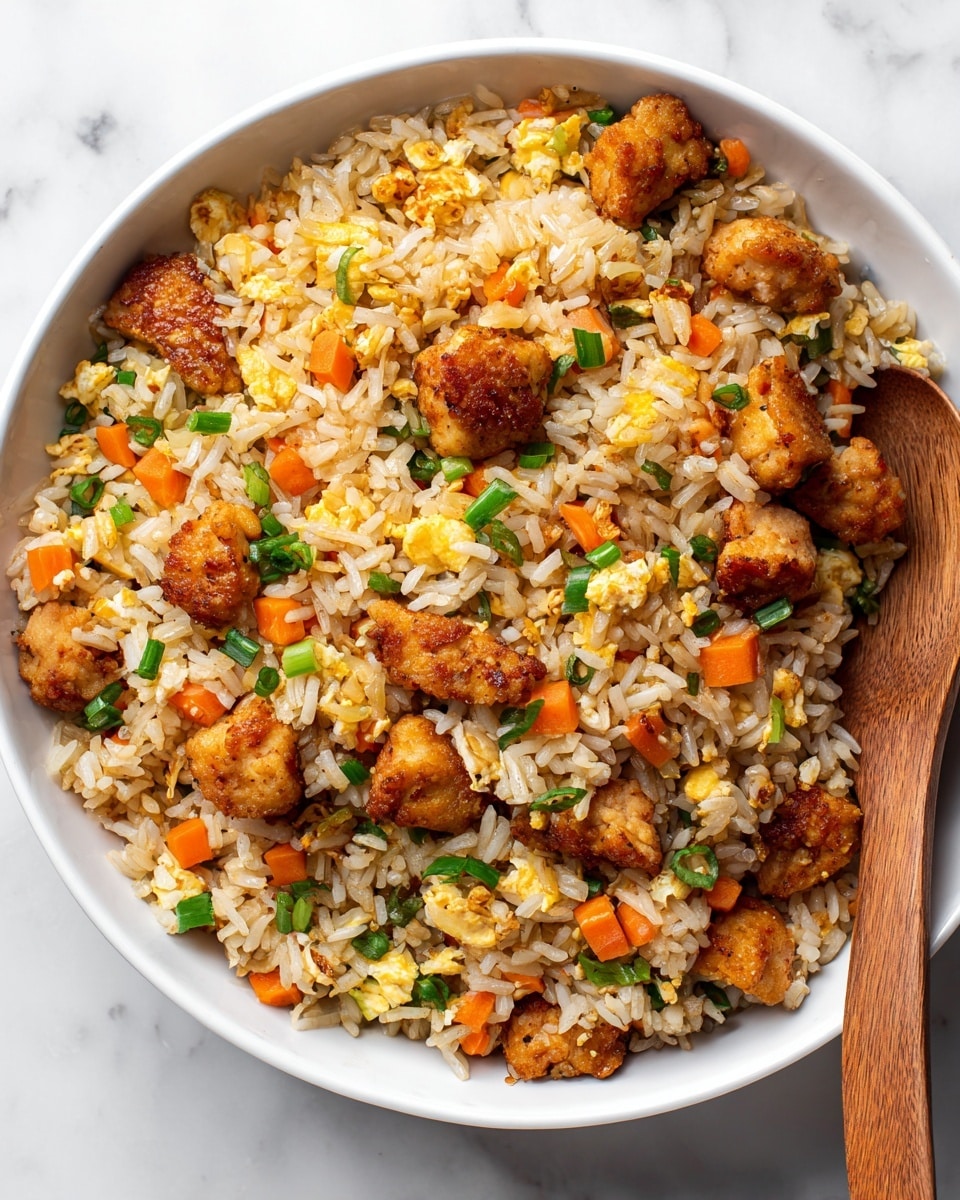 A white bowl filled with fried rice showing about four layers mixed together: the base layer is light brown cooked rice, scattered throughout are orange carrot cubes and small green onion pieces, and large golden-brown crispy chicken chunks are spread evenly on the top and middle parts, along with yellow scrambled egg pieces adding texture and color contrast. A wooden spoon is resting inside the bowl on the right side, all placed on a white marbled surface. Photo taken with an iphone --ar 4:5 --v 7