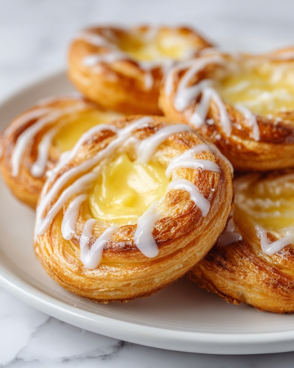 A close-up view of several cream cheese danishes stacked together on a white marbled surface. Each danish has a light golden-brown, flaky puff pastry forming the outer layer, with distinct folds and a slightly shiny texture. The center is filled with a smooth, pale yellow cream cheese mixture that looks soft and creamy. A white glaze is drizzled over the top of each danish in thin, uneven lines, adding a shiny, glossy contrast. One danish is held by a woman's hand, showing a bite taken out of it, revealing the creamy filling inside. photo taken with an iphone --ar 4:5 --v 7