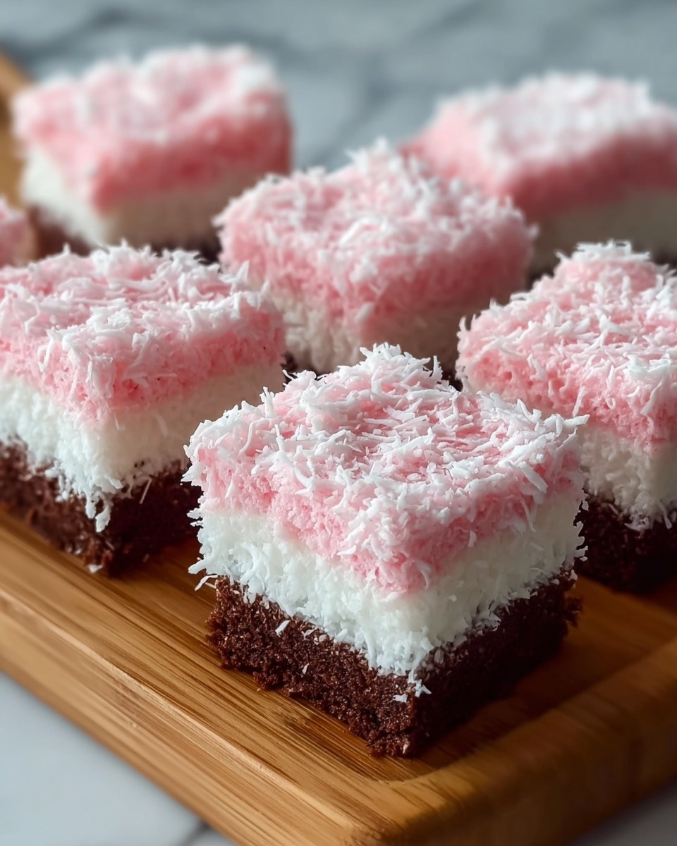The image shows several square layered desserts arranged closely on a wooden board. Each piece has three distinct layers: the bottom layer is dark brown, resembling a soft cake or brownie; the middle layer is white and fluffy, looking like coconut or cream; the top layer is pink, also soft and covered with white shredded coconut pieces that add texture. The layers are thick and even, with the pink layer being slightly taller than the others. The background features a white marbled texture, creating a clean and bright setting. photo taken with an iphone --ar 4:5 --v 7