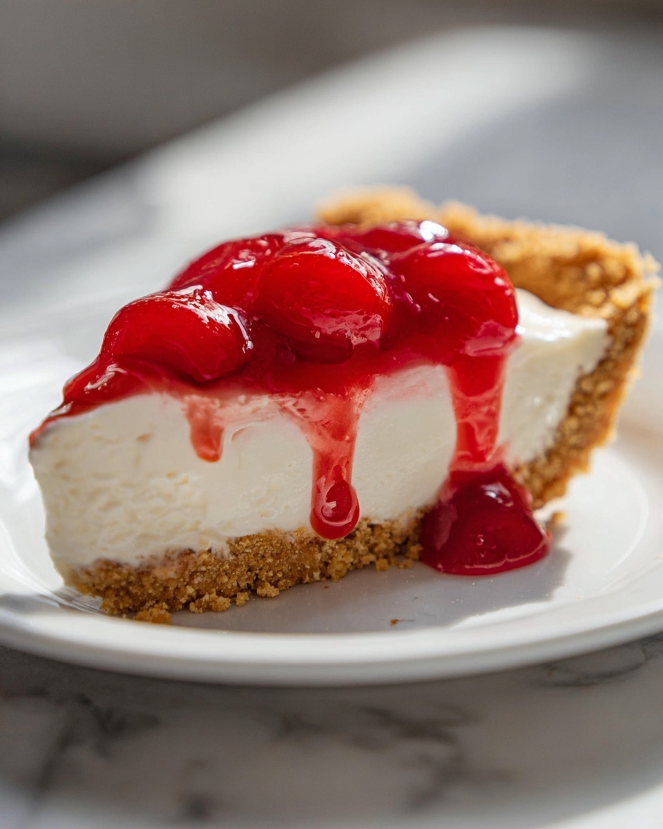 A close-up of a slice of pie on a white plate, showing three main layers: the bottom crust is a golden-brown crumbly texture, the middle layer is a thick, smooth white cream filling, and the top has a glossy, bright red cherry topping that drips slightly over the side. The dessert is set on a white marbled surface with soft natural light. Photo taken with an iphone --ar 4:5 --v 7